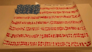 Flag_2 Students made a flag in the library by using every student's thumbprints. We give all those who serve a big thumbs up!